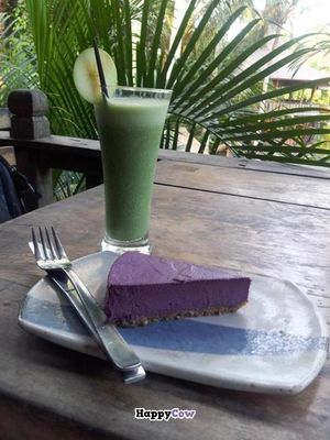 Raw vegan cheesecake & green smoothie! at The Garden Kafe at The Yoga Barn in Ubud