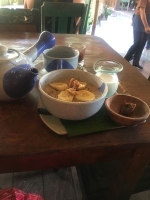 Flax oat porridge & peppermint tea at The Garden Kafe at The Yoga Barn in Ubud