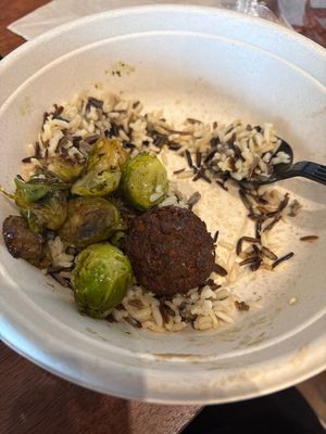 Market bowl: wild rice, falafel, brussel sprouts, I ate the broccoli already  at fresh&co in Westfield