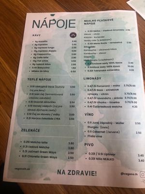 Drinks menu at VegÁno in Liptovsky Hradok