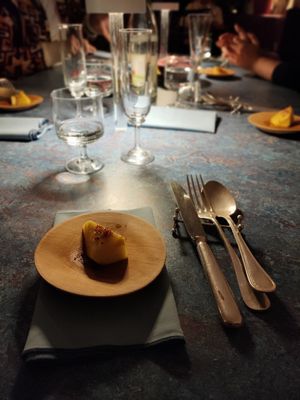 Amuse-bouche: pineapple with chilli flakes and olive oil at Meteo Restaurant & Beach Bar in Merano