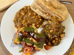 Bit of everything: chole bhature, bread pakora and samosa chaat   at Namaste Inbhir Nis  in Inverness