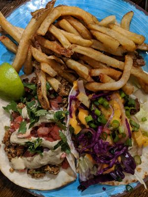 2 tacos (1 chofu and 1 seitan) with a side of fresh cut fries at Crafted The Art of the Taco in Greensboro
