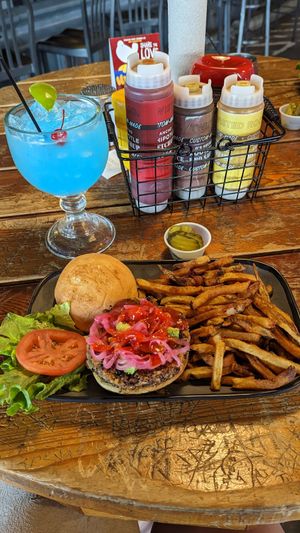 Vegabond vegan burger with fries at Twisted Root Burger Co in Arlington