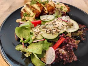 Zuchinni Patties with salad. Croquetas de zuchini at Vieta in Vilnius