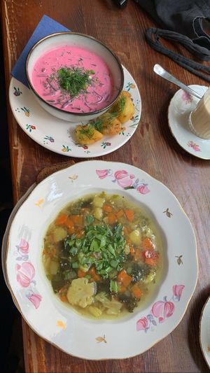 Cold Beetroot soup, “fish” soup   at Vieta in Vilnius