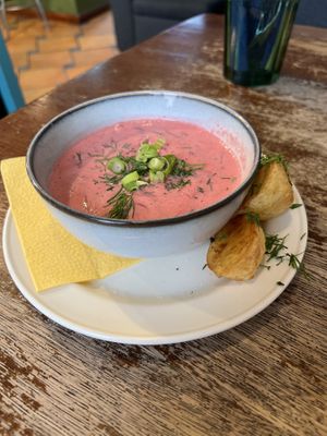 Cold beetroot soup (yum)  at Vieta in Vilnius
