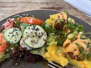 Lentil meatballs (nice flavor and texture)  at Vieta in Vilnius