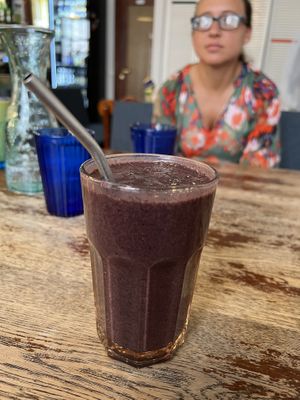 Blueberry spinach smoothie (blueberry heavy, but good)  at Vieta in Vilnius