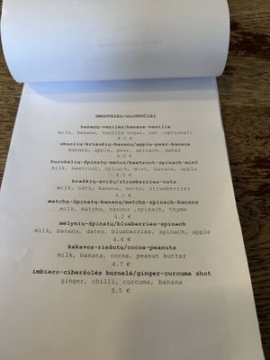 Smoothie menu  at Vieta in Vilnius