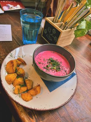 baltic-polish traditional summer pink cold soup at Vieta in Vilnius