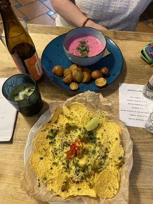 Nachos, beet soupp  at Vieta in Vilnius