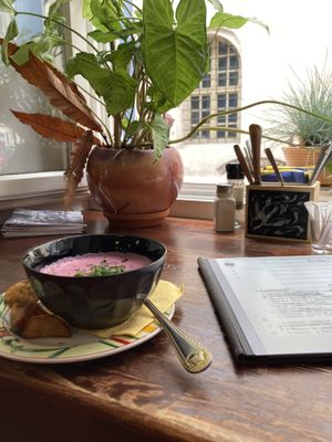 The spot at the window with the beetroot soup.  at Vieta in Vilnius