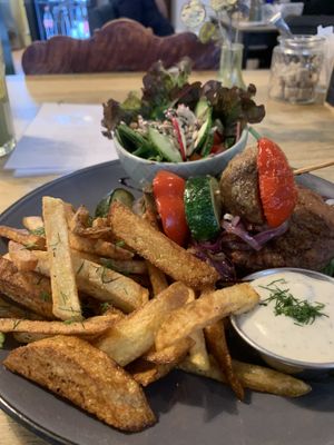 Beyond meat steak with Fries   at Vieta in Vilnius