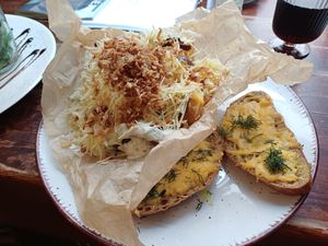 September 2025 - Baked baby potatoes with oyster mushrooms at Vieta in Vilnius