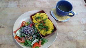 Shepherd's pie with a colourful and fresh side salad topped with seeds, and ginger tea at Vieta in Vilnius
