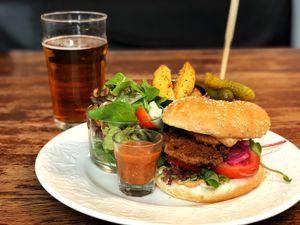 soy steak burger. delicious! at Vieta in Vilnius