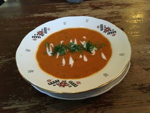 Carrot and red lentil soup at Vieta in Vilnius