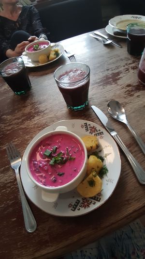 cold beetroot soup at Vieta in Vilnius