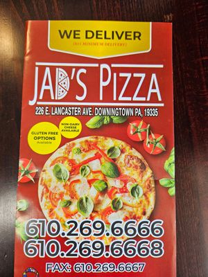 Front of menu at Jad's Pizza in Downingtown