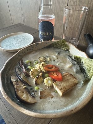 Teri ramen. Contains Tofu teriyaki , vegetables, creamy broth, udon noodles  at Bigan in Mexico City