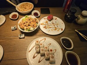 Not beef maki, watermelon tuna app, cauliflower app, fried rice at Bigan in Mexico City