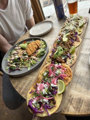 “Chickn” salad and three different tacos - everything vegan (2 of those tacos are vegeterian on the menu but you can order them as the vegan version)  at Tipsy Ø in Aarhus