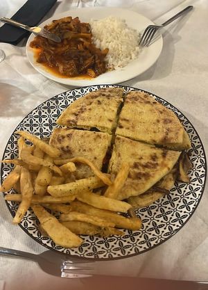Mushroom skepasti (front) and mushroom stifado (back)  at Ta Kaloudia in Corfu