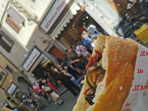 Long lines in front of all three places at All'Antico Vinaio  in Florence