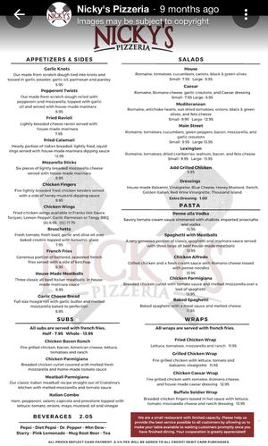 Menu - ask server for their vegan options of the day   at Nicky's Pizzeria in Lexington