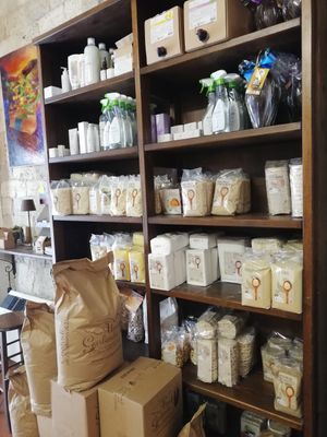 Shelves with macrobiotic foods at Laboratorio Alimentare Naturale  in Ascoli Piceno