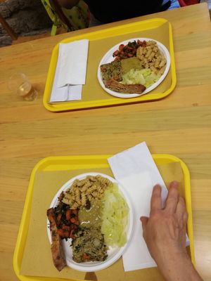 Main dish with risotto, bread, carrots, cicoria peas cream at Laboratorio Alimentare Naturale  in Ascoli Piceno