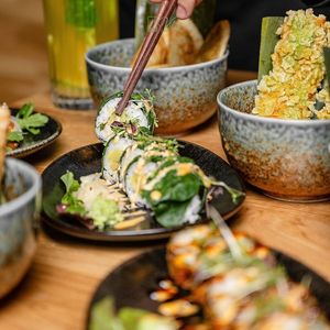 I.O ROLL with crispy asparagus, and creamy teriyaki mayo at Vilai Vegan House in Hamburg