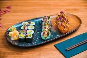 Wide variety of sushi rolls and nigiris available at Vilai Vegan House in Hamburg