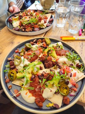 Vegan huevos rancheros (non-vegan in the background)  at No33 in the Park in Norwich