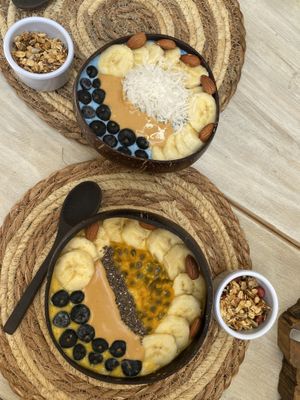 Delicious smoothie bowls! Super healthy (25 sol per bowl)  at La Biodega Cafe in Mancora