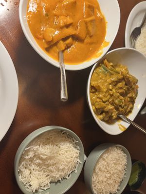 A vegetable curry and tikka masala with plant-based chik’n  at Noor Kitchen & Cocktails in Greensboro