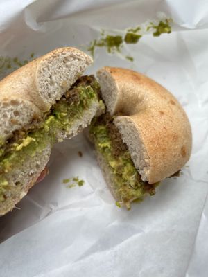 Bee-Hive vegan sausage breakfast sandwich on a bagel at Retrograde Coffee in Nashville