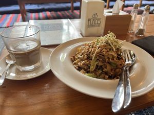 Pad Thai and a delicious soy latte  at Places Restaurant and Bar in Kathmandu