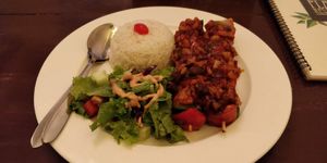 Bbq tofu veg skewers, with rice & salad (to me it tasted more like sweet & sour) at Places Restaurant and Bar in Kathmandu