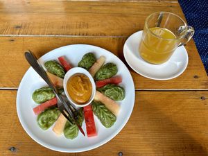 Pesto momos. So good!  at Places Restaurant and Bar in Kathmandu