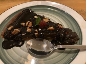 Pumpkin pie (with hot chocolate sauce )  at Places Restaurant and Bar in Kathmandu