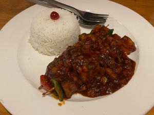 Tofu and vegetable skewers with rice   at Places Restaurant and Bar in Kathmandu
