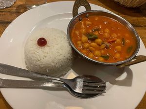Chickpeas and vegetable curry with coconut milk and rice, this was my favourite   at Places Restaurant and Bar in Kathmandu