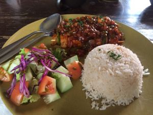 tofu and veggie skewers with rice  at Places Restaurant and Bar in Kathmandu