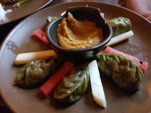 Pesto mo-mos, nice spice level.  at Places Restaurant and Bar in Kathmandu