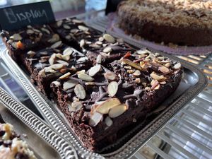 Gluten free & vegan brownies with vegan ganache & sliced almonds   at Mozelle's Downtown Bakery in Flagstaff