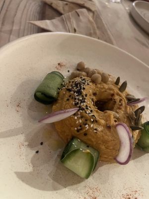 Hummus from sprouted chickpeas  at Casa Arcas in San Miguel De Allende