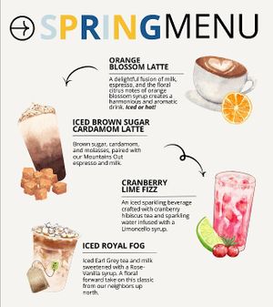 Our Sping Specials! All drinks can be made vegan by choosing Oat or Soy Milk! at Cloud City Coffee in Seattle
