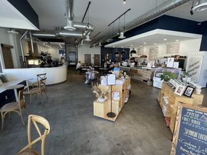 Roasting area, seating, and Service counter  at Laidrey in Tarzana